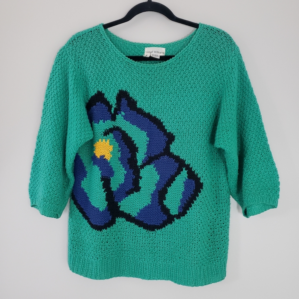 Lloyd Williams VTG 80s Green Abstract Floral Chunky Knit Sweater - Picture 7 of 7